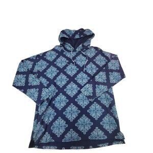 St John's Bay Active Large Blue Navy Medallion Hooded Shirt NWT